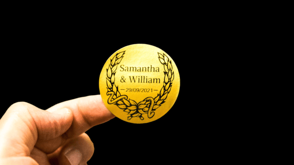 personalised wedding favor sticker on gold paper